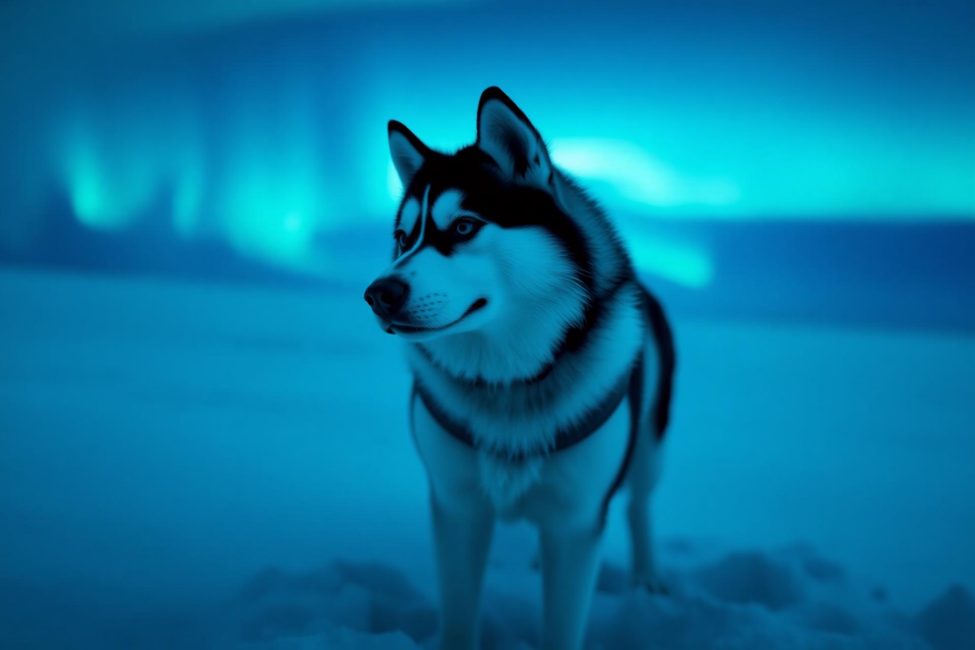 Siberian husky in snow under aurora borealis